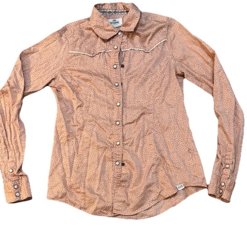 Shyanne Coral Peach Printed Pearl Snap Shirt S ivory trim